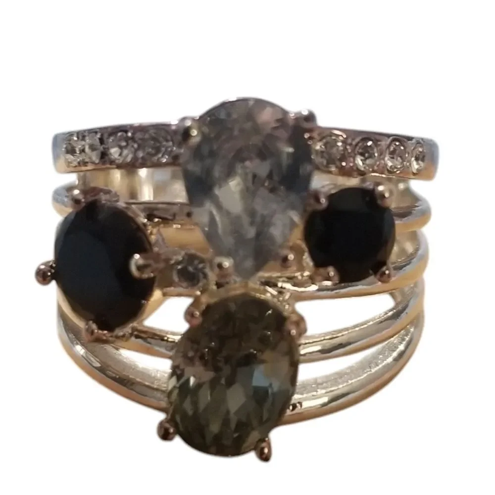 Silver Plated Grey, Onyx, and Clear Cubic Zirconia Ring Size 7